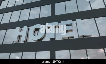 Hotel sign on a modern glass skyscraper. Travel and tourism concept. 3d rendering Stock Photo