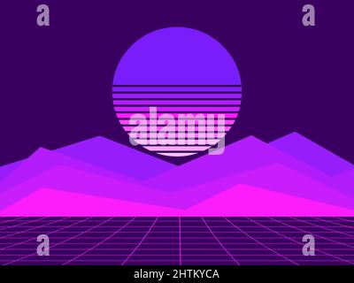 Virtual reality sunset in the style of 80s. Sci-fi landscape with retro sun, metaverse. Synthwave and retrowave style. Design for banners, promotional Stock Vector