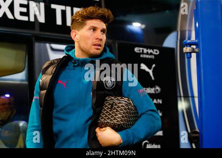 Peterborough, Cambridgeshire, UK. 1st March 2022 ; Weston Homes Stadium, Peterborough, Cambridgeshire, England; FA Cup football, Peterborough versus Manchester City; John Stones of Manchester City gets off the team bus before kick-off Credit: Action Plus Sports Images/Alamy Live News Stock Photo