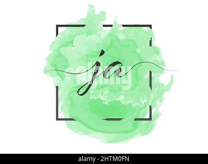 Calligraphic lowercase letters J and A are written in a solid line on a colored background in a frame. Stock Vector