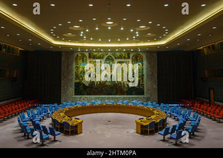 Closeup of the UN Security Council Chamber in the UN Headquarters in NY City Stock Photo