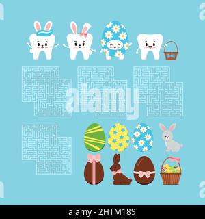 Easter teeth dental maze game creator pack in cartoon style Stock Vector
