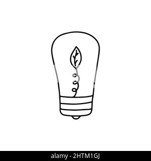 Earth Hour. Light bulb with a leaf inside. Save the planet. Black and white hand drawn vector isolated illustration. Icon doodle Stock Vector