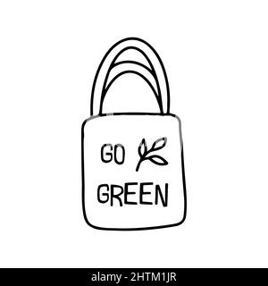 Fabric shopper with inscription go green and twig. Eco fabric bag. Save planet concept. Ecology theme. Black and white vector isolated illustration ha Stock Vector