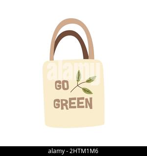Fabric shopper with inscription go green and twig. Eco fabric bag. Save planet concept. Ecology theme. Colorful vector isolated illustration hand draw Stock Vector