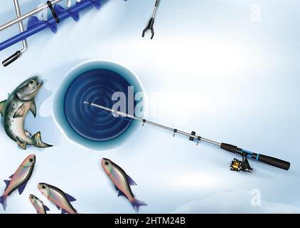 Winter fishing banner composition of realistic fish images with hole in ice  and fish tackle icons vector illustration Stock Vector Image & Art - Alamy
