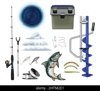 Winter fishing equipment realistic set with isolated fish tackle icons of rods hooks ice breaker drill vector illustration Stock Vector