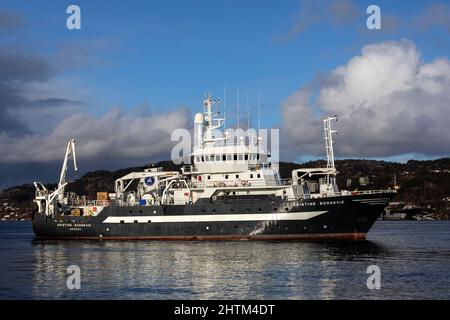 Ocean research vessel Kristine Bonnevie at Byfjorden, arriving near the port of Bergen, Norway. Owned by the University of Bergen, Institute of Marine Stock Photo
