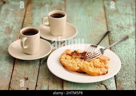 Homemade quince crumble pie and coffee horizontal Stock Photo