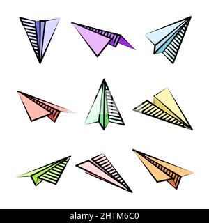 Various hand drawn paper planes. Colorful doodle airplanes. Aircraft icon, simple plane silhouettes. Outline, line art. Vector illustration. Stock Vector