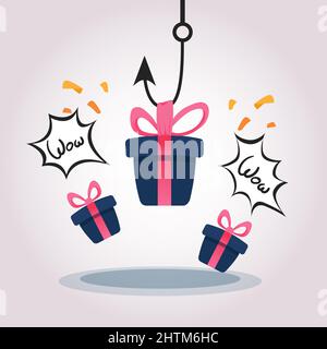 Phishing cybercrime. Fishing hook with fake present. scammer or fraud theft in internet, hacking cyber crime Stock Vector
