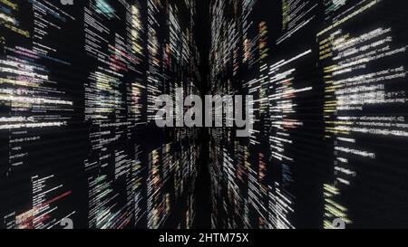 Modern application code on the abstract computer screen. Modern software development code, flying symbols on black background, seamless loop. Stock Photo