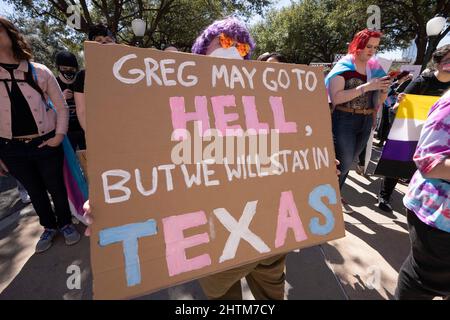 Austin, United States. 01st Mar, 2022. Texas transgender youth, their loved ones and families rally at the State Capitol in Austin decrying Governor Greg Abbott's directive to state health agencies to investigate gender-affirming care to transgender youth as child abuse. This comes after the state legislature restricted transgender schoolchildren in sports activities. Many licensed health care providers have pushed back on the governor's directive. Credit: Bob Daemmrich/Alamy Live News Stock Photo