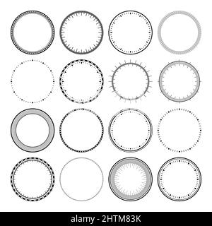 Mechanical clock faces, bezel. Watch dial with minute and hour marks. Timer or stopwatch element. Blank measuring circle scale with divisions. Vector Stock Vector