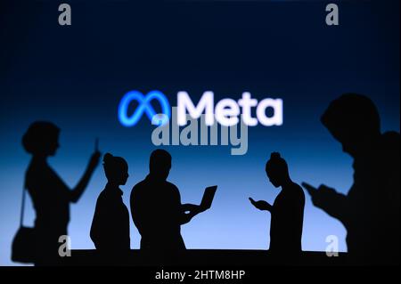 NEW YORK, USA, 1. MARCH 2022: Meta or Metaverse logo on big screen, Facebook company, Meta Platforms. business and employment-oriented online service Stock Photo