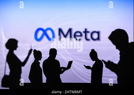 NEW YORK, USA, 1. MARCH 2022: Meta or Metaverse logo on big screen, Facebook company, Meta Platforms. business and employment-oriented online service Stock Photo