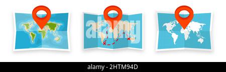 Folded world maps in a flat style. Simplified paper map with red location pin. Navigation, route and road trip planning. Travel and accommodation Stock Vector