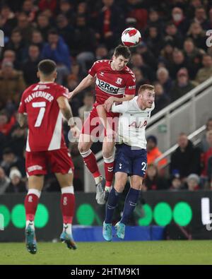 MIDDLESBROUGH, UK. MAR 1ST Middlesbrough's Paddy McNair contests a header with Tottenham Hotspur's Dejan Kulusevski during the FA Cup Fifth Round match between Middlesbrough and Tottenham Hotspur at the Riverside Stadium, Middlesbrough on Tuesday 1st March 2022. (Credit: Mark Fletcher | MI News) Credit: MI News & Sport /Alamy Live News Stock Photo