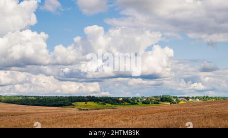August landscape. Large cumulus clouds in the blue sky over a freshly mown field. Stock Photo