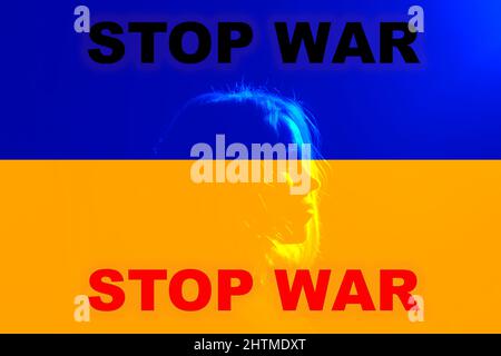 silhouette of a woman on the background of the flag of Ukraine. No Russian aggression, stop the war. Stock Photo