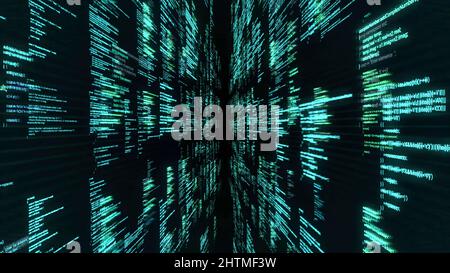 Modern application code on the abstract computer screen. Modern software development code, flying symbols on black background, seamless loop. Stock Photo