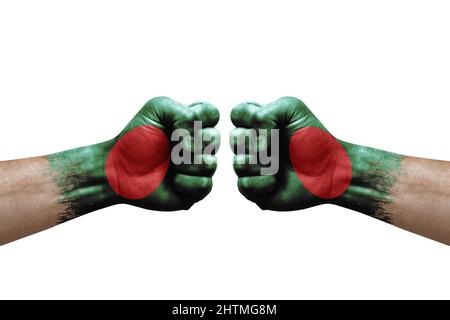 Two hands punch to each others on white background. Country flags painted fists, conflict crisis concept between bangladesh and bangladesh Stock Photo