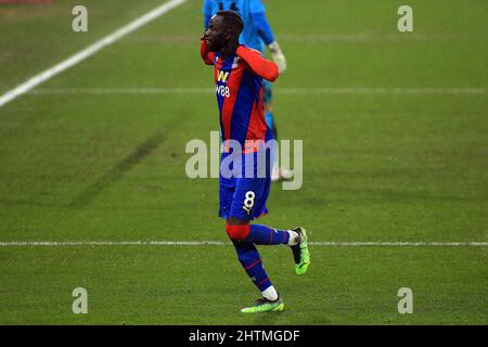 London, UK. 01st Mar, 2022. Cheikhou Kouyate of Crystal Palace celebrates scoring his teams first goal. The Emirates FA Cup, 5th round match, Crystal Palace v Stoke City at Selhurst Park stadium in London on Tuesday 1st March 2022. this image may only be used for Editorial purposes. Editorial use only, license required for commercial use. No use in betting, games or a single club/league/player publications. pic by Steffan Bowen/Andrew Orchard sports photography/Alamy Live news Credit: Andrew Orchard sports photography/Alamy Live News Stock Photo