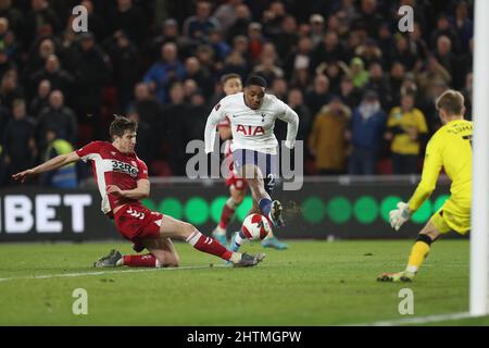 MIDDLESBROUGH, UK. MAR 1ST Middlesbrough's Paddy McNair blocks Steven Bergwijn shot on goal during the FA Cup Fifth Round match between Middlesbrough and Tottenham Hotspur at the Riverside Stadium, Middlesbrough on Tuesday 1st March 2022. (Credit: Mark Fletcher | MI News) Credit: MI News & Sport /Alamy Live News Stock Photo