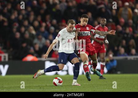 MIDDLESBROUGH, UK. MAR 1ST Middlesbrough's Marcus Tavernier battles with Tottenham Hotspur's Harry Kane during the FA Cup Fifth Round match between Middlesbrough and Tottenham Hotspur at the Riverside Stadium, Middlesbrough on Tuesday 1st March 2022. (Credit: Mark Fletcher | MI News) Credit: MI News & Sport /Alamy Live News