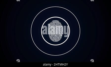 Digital fingerprint sign. Animation. Touch fingerprint on dark background. Pulsating circles indicate fingerprint to unlock or grant access. Stock Photo