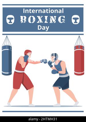 International boxing day flat card with two male boxers in fighting stance decorated red and blue punching bags vector illustration Stock Vector