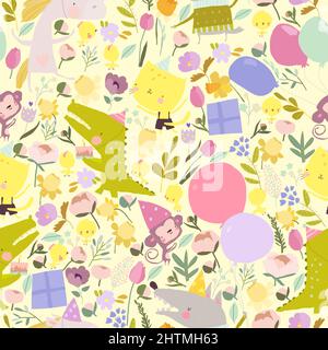 Seamless Pattern with Cute Animals celebrating Birthday Stock Vector