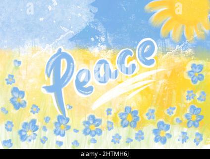 War in Ukraine with Russia. Postcards for peace , we don't want war. Posters depicting the symbols of Ukraine depicting peace and no war. Pencil drawing sun, blue and yellow wheat field. English text Stock Photo