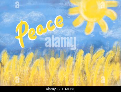 War in Ukraine with Russia. Postcards for peace , we don't want war. Posters depicting the symbols of Ukraine depicting peace and no war. Pencil drawing sun, blue and yellow wheat field. English text Stock Photo