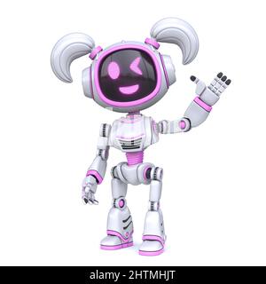 Cute pink girl robot waving hand 3D rendering illustration isolated on white background Stock Photo