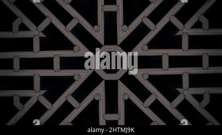 Abstract black and white kaleidoscopic pattern with appearing geometrical figures. Monochrome symmetrical black pattern on white background. Stock Photo
