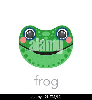 Frog Cute portrait with name text smile head cartoon round shape animal face, isolated avatar vector icon illustrations on white. Flat simple hand drawn for kids poster, cards, t-shirts, baby clothes Stock Vector