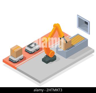 Modern warehouse colored isometric composition automated room in the warehouse with robotic arm and trucking vector illustration Stock Vector
