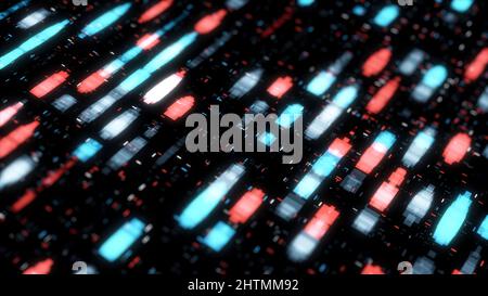 Multicolored abstract animation of moving neon spots and particles on black background. Animation of seamless loop, bright thick neon stains. Stock Photo