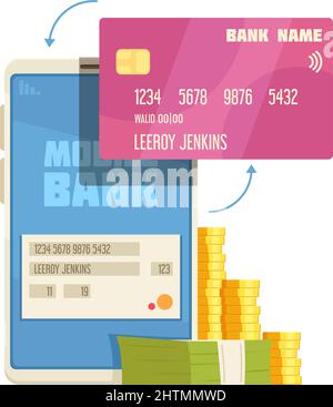 Online mobile bank composition with image of smartphone with credit card and stacks of cash vector illustration Stock Vector