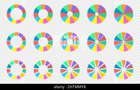 Pie and donut charts set. Colorful circle diagrams divided in 11 sections. Infographic wheels. Round shapes cut in eleven equal parts isolated on transparent background. Vector flat illustration. Stock Vector