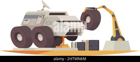 Mars colonization composition with extraterrestrial terrain and excavating rover with wheels and arm vector illustration Stock Vector