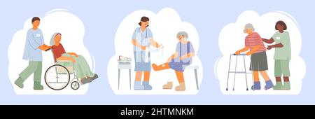 Elderly care flat composition set with medical staff helping senior women on wheelchair with walker applying bandage isolated vector illustration Stock Vector