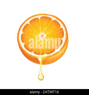 Drop of juice dripping from orange half on white background realistic vector illustration Stock Vector