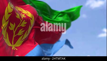 Detail of the national flag of Eritrea waving in the wind on a clear day. Eritrea is a country in the Horn of Africa region of Eastern Africa. Selecti Stock Photo
