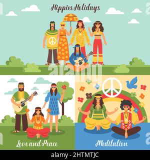 Hippie design concept set with travel into holidays outdoor recreation and flat meditation compositions vector illustration Stock Vector