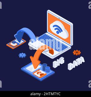 Isometric flowchart illustrating cloud exchange of big data by computer and digital devices vector illustration Stock Vector