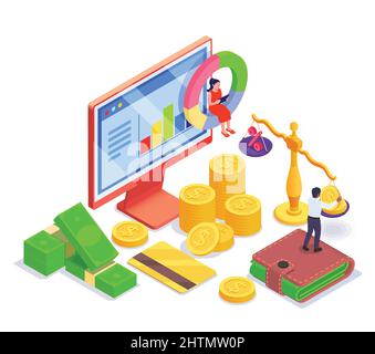 Financial education literacy isometric concept abstract situation of two people and around them the elements and devices for money circulation vector Stock Vector