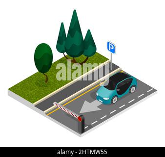 Parking isometric concept with driver of the car goes to the parking lot behind the barrier vector illustration Stock Vector