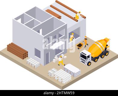Construction and building isometric concept with engineers and workers ...
